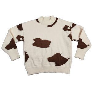 Isalis Women's Brown Cow Print Mock Neck Long Sleeve Plush Cozy Sweater Sz S‎